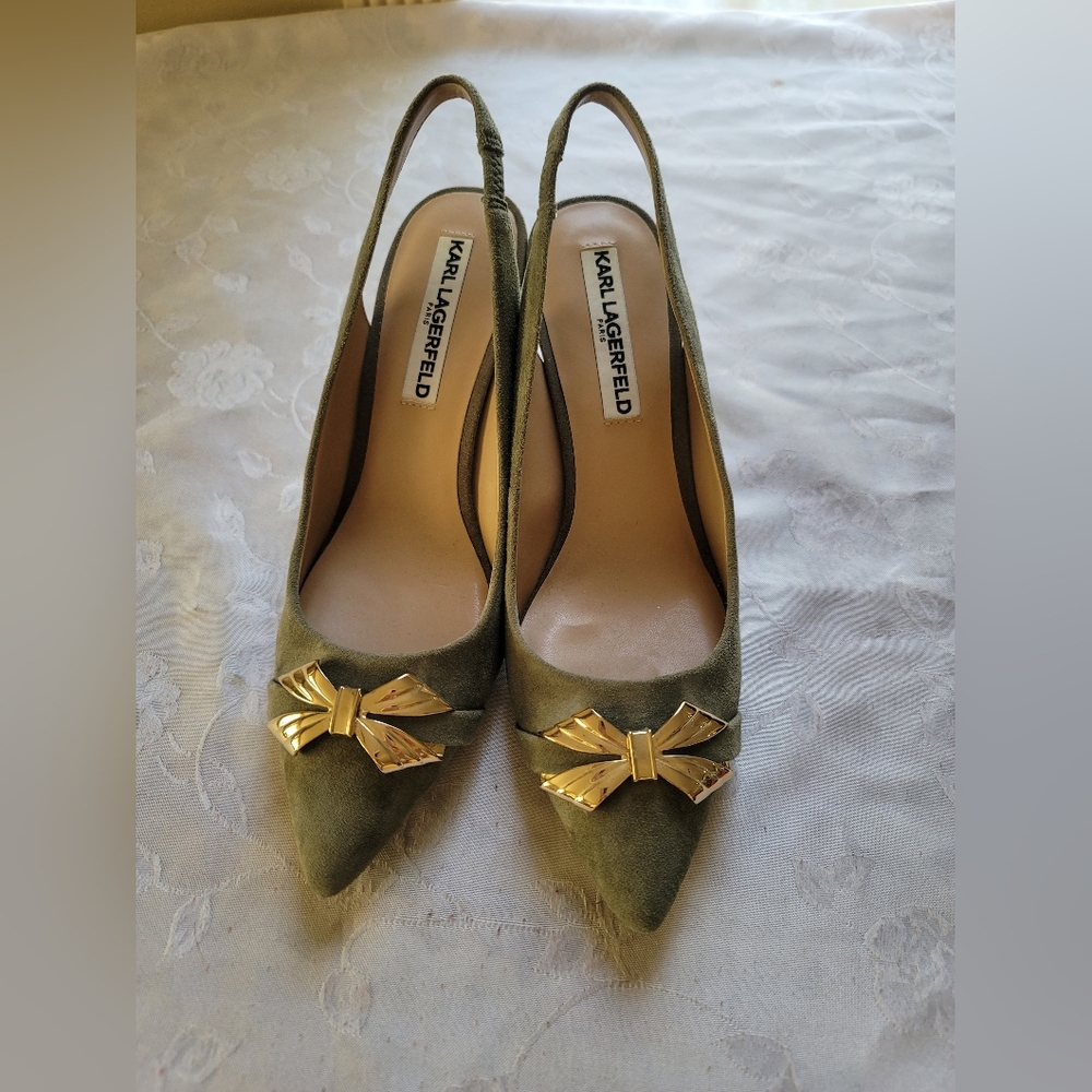 Karl Lagerfeld Olive Green Suede Slingback Heels with Gold Bow Accent